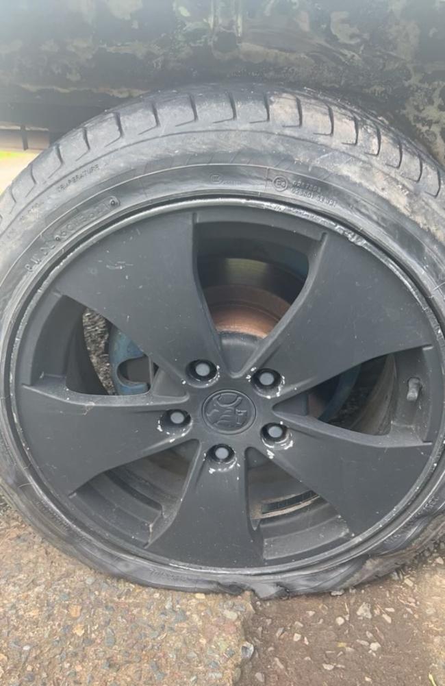 Tyre blowouts and damaged rims after along the Bruce Highway. Picture: Mitchell Dyer