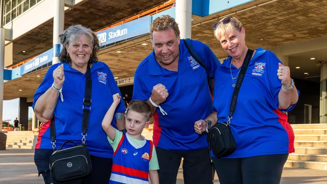 Joanne Nitschke, Rydah Hinge, Wayne Hinge and Tracy Hinge at the Gold Coast Suns v Western Bulldogs 2025 AFL match at TIO Stadium. Picture: Pema Tamang Pakhrin