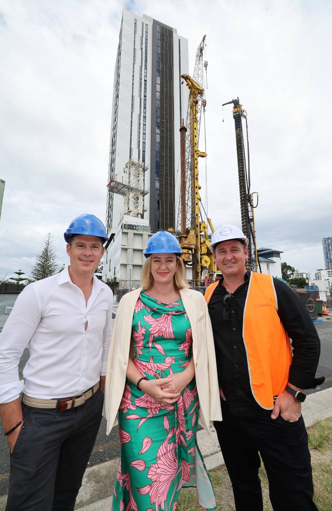 Buildcap Director Stuart Biggs and Gold Coast Councillor Brooke Patterson and Sunbuilt Managing Director Damien Todd look over the site of Tower Two at Marine Quarter in Southport. Picture Glenn Hampson