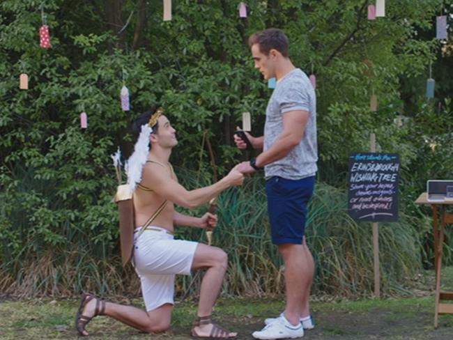 David Tanaka (played by Takaya Honda) proposes to his boyfriend Aaron Brennan (Matt Wilson) in Neighbours. Picture: Channel Ten