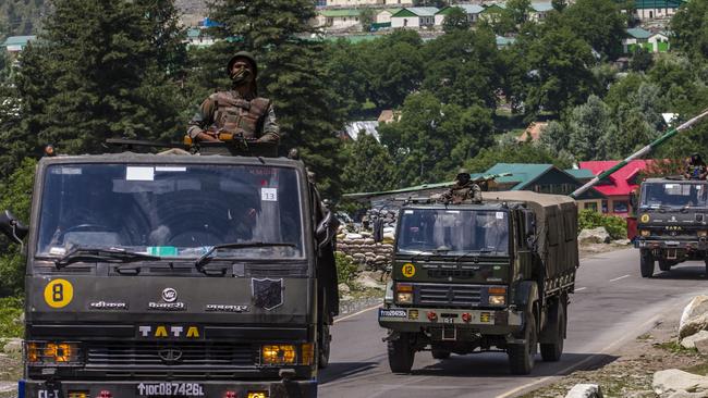 An Indian army convoy drives towards Leh, on a highway bordering China, on June 19, 2020. Picture: Yawar Nazir/Getty Images