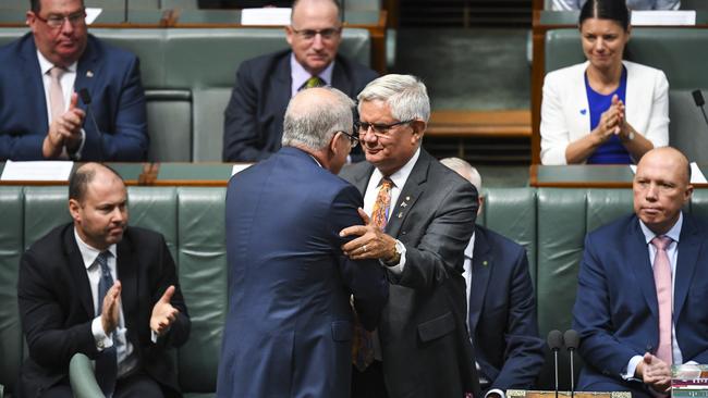 Ken Wyatt shakes hands with Scott Morrison after delivery of the Ministerial statement on Closing the Gap in in February. Picture: AAP