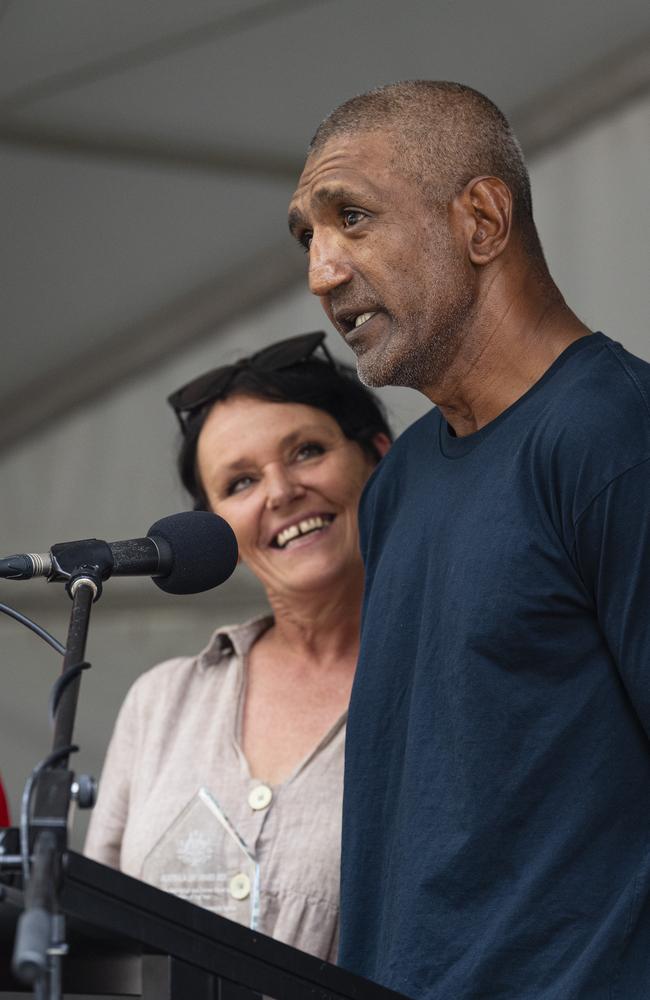 Susy and Adam Wenitong of Adapt Mentorship are named the Toowoomba Aboriginal and Torres Strait Islander Citizen of the Year at Toowoomba Australia Day celebrations at Picnic Point, Sunday, January 26, 2025. Picture: Kevin Farmer