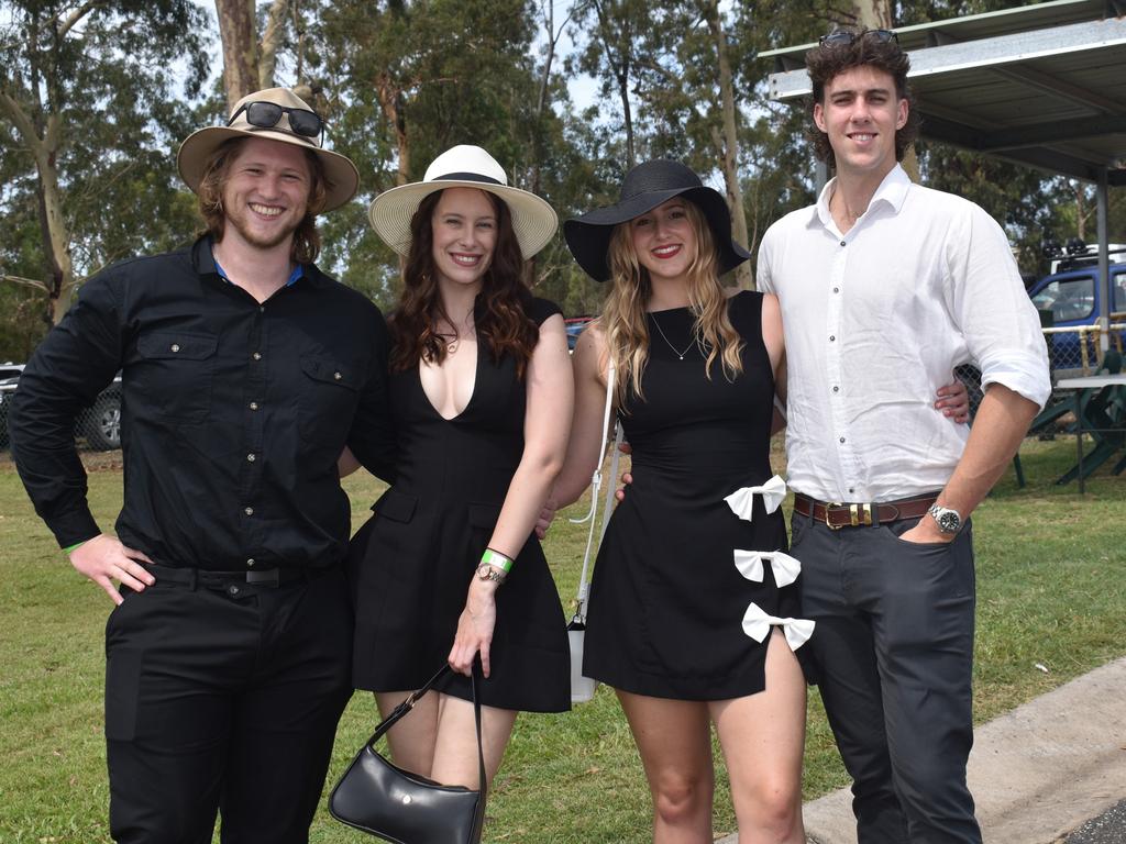 Fletcher Kendall, Maddie Went, Ellie Kendall and Mitch Scanlon at the Yeppoon Turf Club's Derby Day races at Keppel Park Racecourse on November 2, 2024.