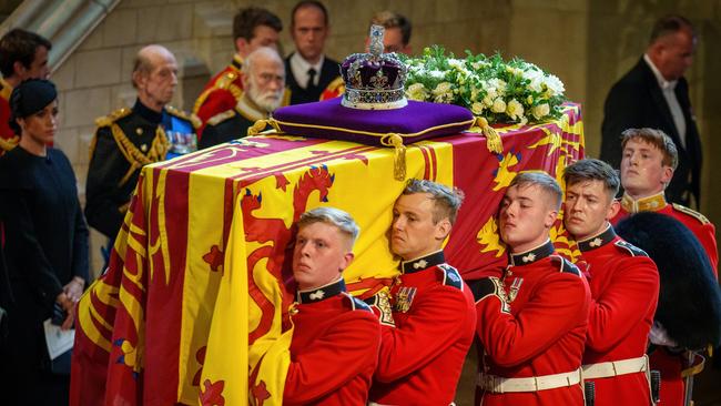 The coffin of Queen Elizabeth II is carried into The Palace of Westminster by guardsmen from The Queen's Company. Picture: Christopher Furlong/Getty Images