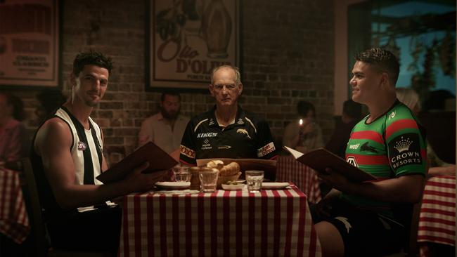 Scott Pendlebury, Wayne Bennett and Latrell Mitchell advert for Kayo Sports. Source: Supplied