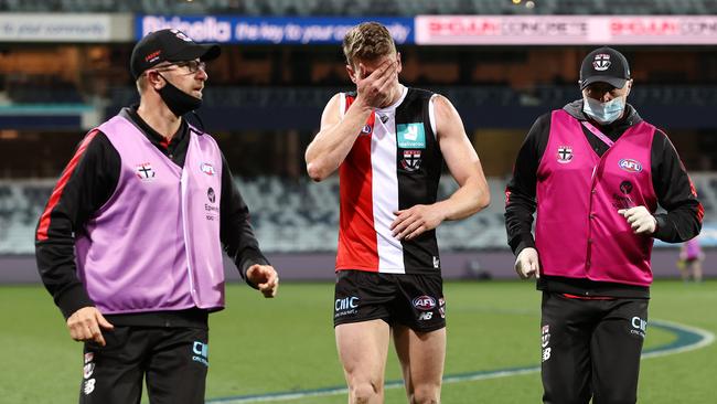 St Kilda’s Darragh Joyce had to be subbed out of the loss to Geelong. Picture: Michael Klein