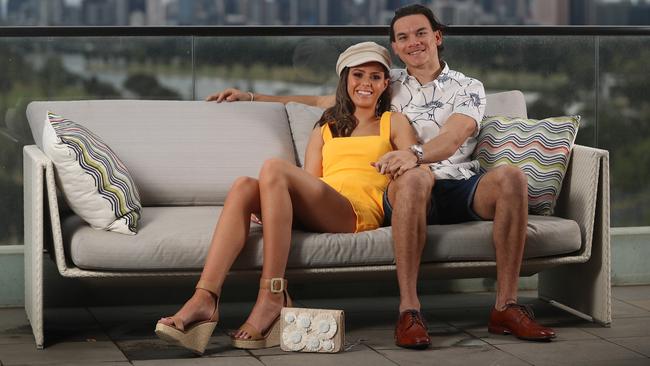 Richmond player Daniel and Mia Fevola. Daniel wears Ted Baker and Mia is wearing Kookai, available at Chadstone. Picture: Alex Coppel