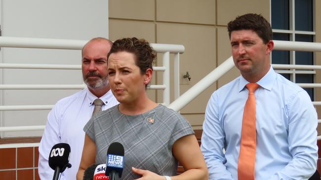 Opposition Leader Lia Finocchiaro, alongside CLP members Bill Yan and Josh Burgoyne are preparing to debate Labor's reinstatement of alcohol bans in parliament. Picture: Annabel Bowles