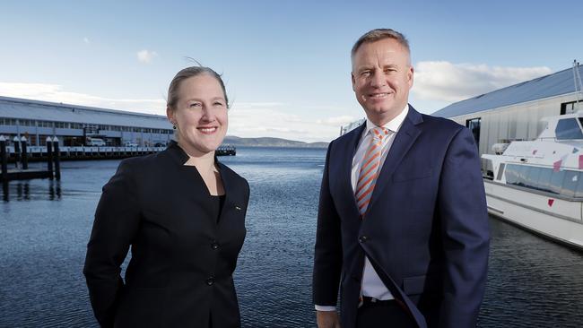 Infrastructure Minister Jeremy Rockliff, with Metro Tasmania chief executive Megan Morse. Picture: RICHARD JUPE