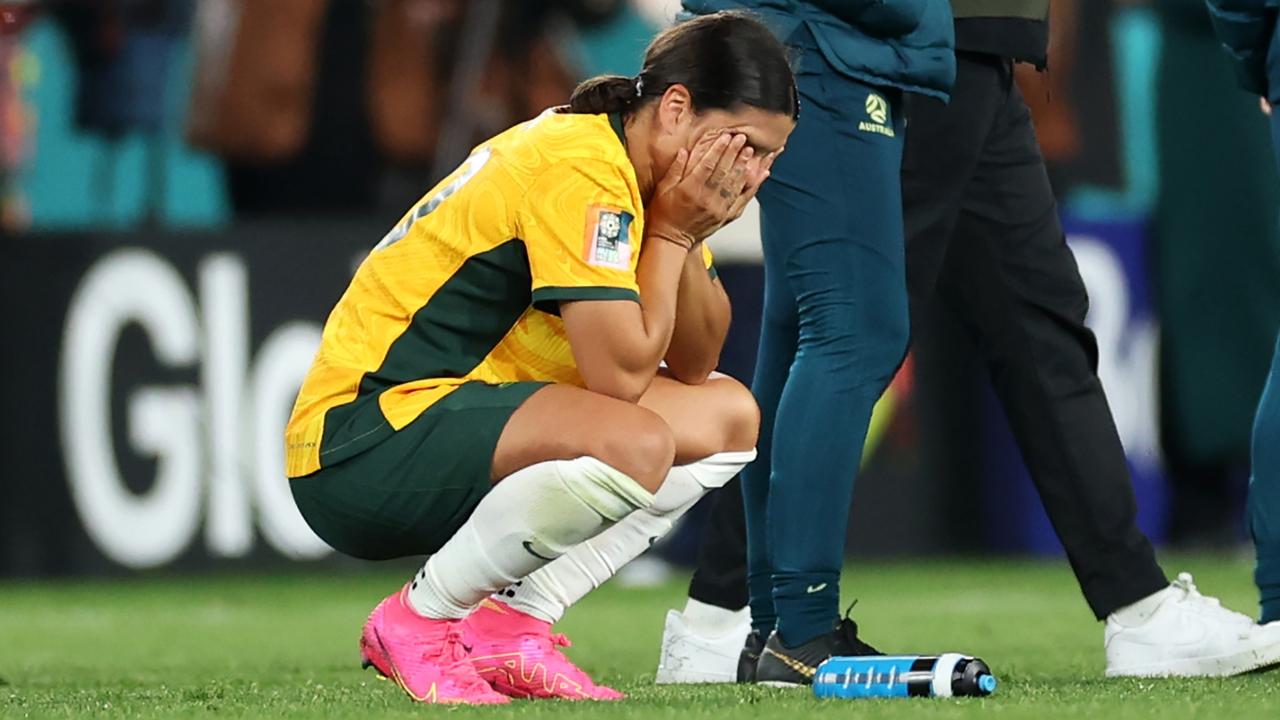 Sam Kerr looks dejected after the team's 1-3 defeat and elimination from the tournament. Picture: Catherine Ivill/Getty Images