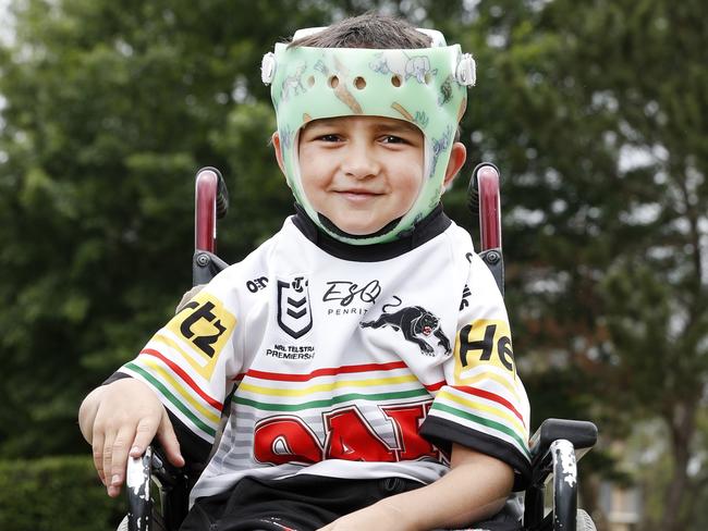 Durakai Smith, 6, suffered from a brain injury and has been getting rehab at The ChildrenÃ¢â¬â¢s Hospital at Westmead. He is a massive Penrith Panthers fan and is looking forward to the grand final. Pictured at The ChildrenÃ¢â¬â¢s Hospital at Westmead with Panthers halfback Nathan Cleary's boots that were given to him  by the star player. Picture: Jonathan Ng