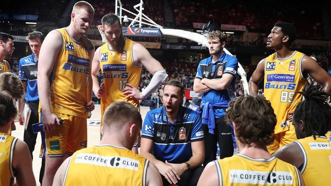 Greg Vanderjagt, the new interim coach of the Brisbane Bullets, addresses his players. Picture: Getty Images