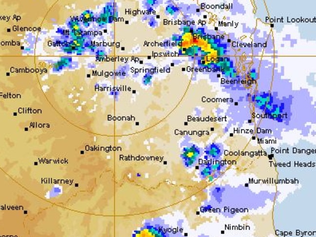 Radar images show a massive storm moving over Brisbane on Wednesday afternoon. Picture: Bureau of Meteorology