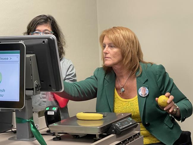 Gosford state Labor MP Liesl Tesch has a go at the cash register with mini Woolworths Ambassador Kiara Misciagna.