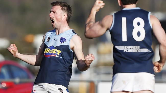 SFL. Ryan Martin Lindisfarne celebrates a goal. Huonville Lions V Lindisfarne. Picture: Nikki Davis-Jones