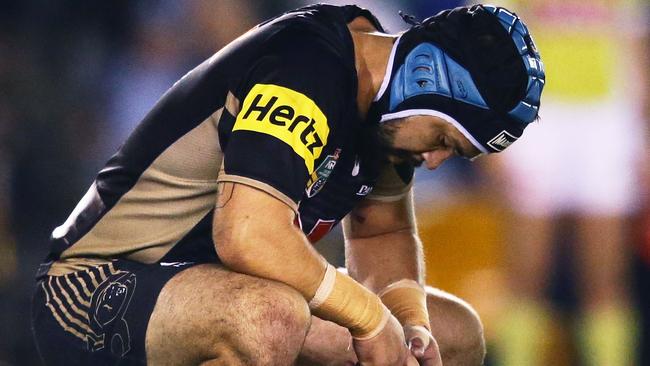 Jamie Soward of the Panthers looks dejected.