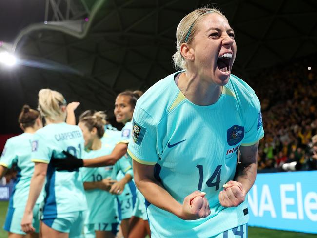 MELBOURNE, JULY 31, 2023: 2023 Fifa Womens World Cup - Australia V Canada. Alanna Kennedy of the Matildas celebrates a goal during the match at Melbourne Rectangular Stadium. Picture: Mark Stewart