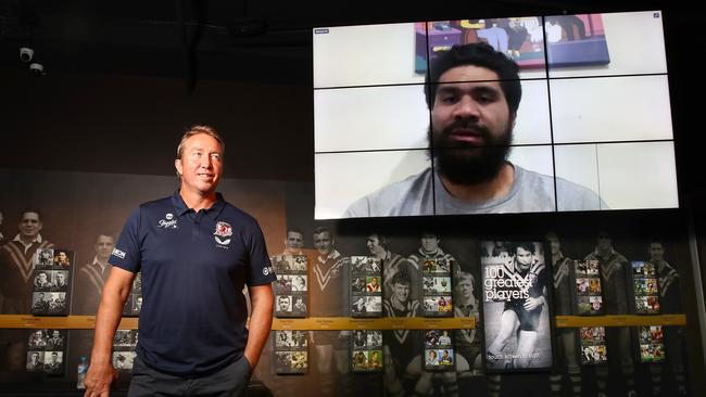 Sydney Roosters coach Trent Robinson at NRL HQ where he helped launch the 'We Stand with Mose' appeal after former Roosters player Mose Masoe broke his neck in a pre-season trial game in England Picture: Toby Zerna