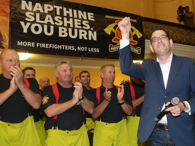 Daniel Andrews campaigning with fire fighters at the Collingwood Town Hall on Tuesday, November 18, 2014, in Collingwood, Australia. Picture: Hamish Blair