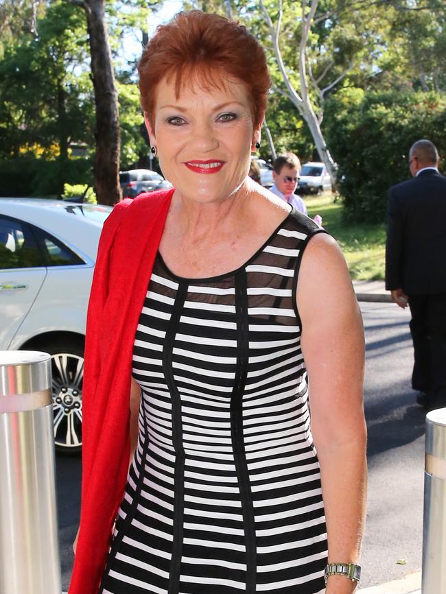 Senator Pauline Hanson arrives at The Lodge for a barbecue hosted by the Prime Minister in Canberra. Picture: Ray Strange.