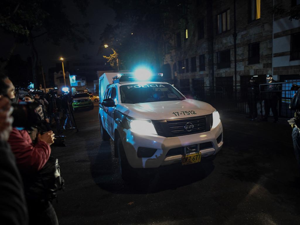 A police car outside the hotel where Foo Fighters' drummer Taylor Hawkins died in Bogota. Picture: Juan Barreto/AFP