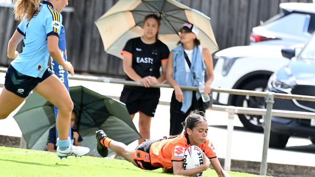 Tigers player Charlize Duncan scores in the Harvey Norman U17 girls match between Brisbane Tigers and Norths Saturday February 1, 2025. Picture, John Gass