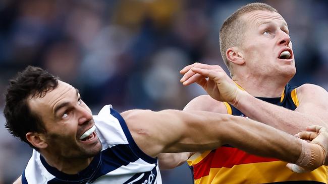 GEELONG, AUSTRALIA - MAY 06: Jonathon Ceglar of the Cats and Reilly O'Brien of the Crows compete in a ruck contest during the 2023 AFL Round 08 match between the Geelong Cats and the Adelaide Crows at GMHBA Stadium on May 6, 2023 in Geelong, Australia. (Photo by Dylan Burns/AFL Photos via Getty Images)