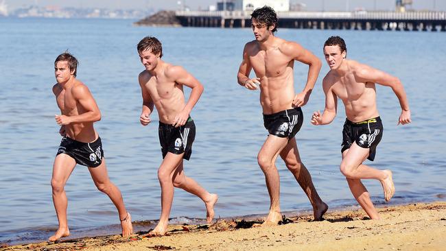 Collingwood’s 2012 draftees Ben Kennedy, Tim Broomhead, Brodie Grundy and Jackson Ramsay during their first AFL pre-season.