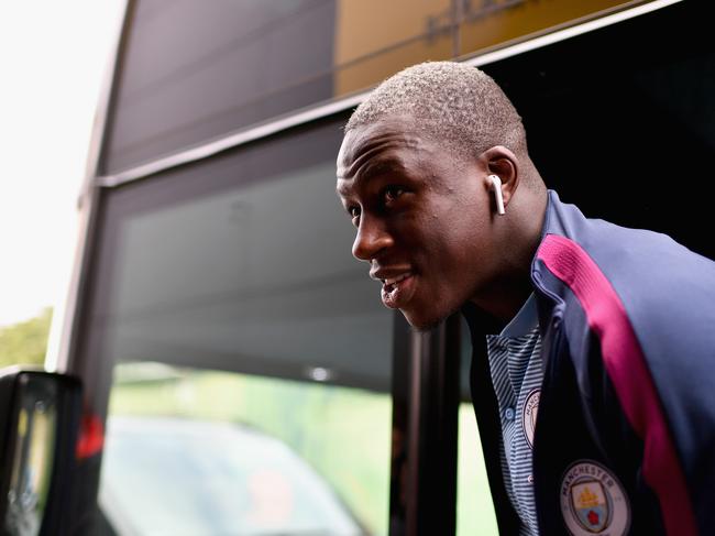 Benjamin Mendy of Manchester City arrives at Vicarage Road.