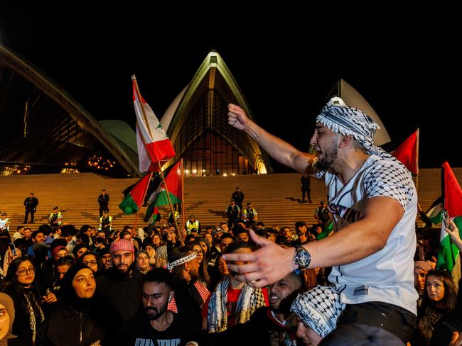 DAILY TELEGRAPH OCTOBER 9, 2023Pro-Palestine supporters are rallying at Sydney Town Hall as the conflict between Israel and Palestinians escalates. They marched form Town Hall to the Sydney Opera House. Picture: David Swift