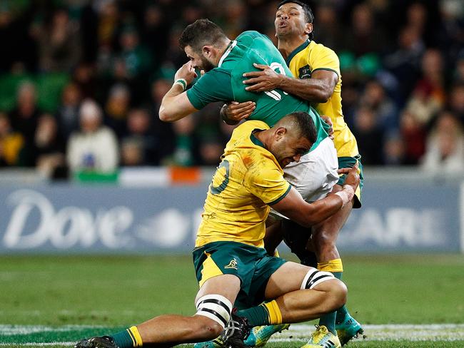 Lukhan Tui dishes out some punishment of his own on Ireland star Robbie Henshaw. Picture: Getty