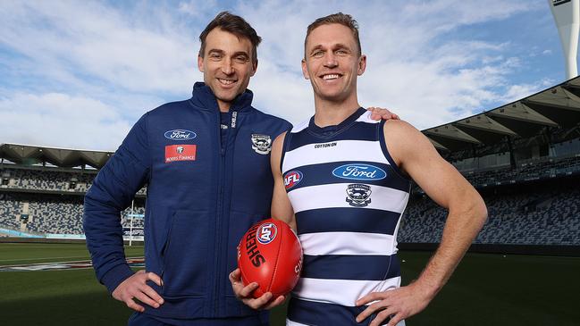 Geelong games record holder Corey Enright (left) with Joel Selwood before his 300th game on Saturday. Picture: Michael Klein