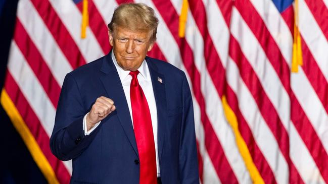 Donald Trump celebrates in Iowa this week after his landslide win in the state’s Republican caucuses. Picture: EPA/The Times