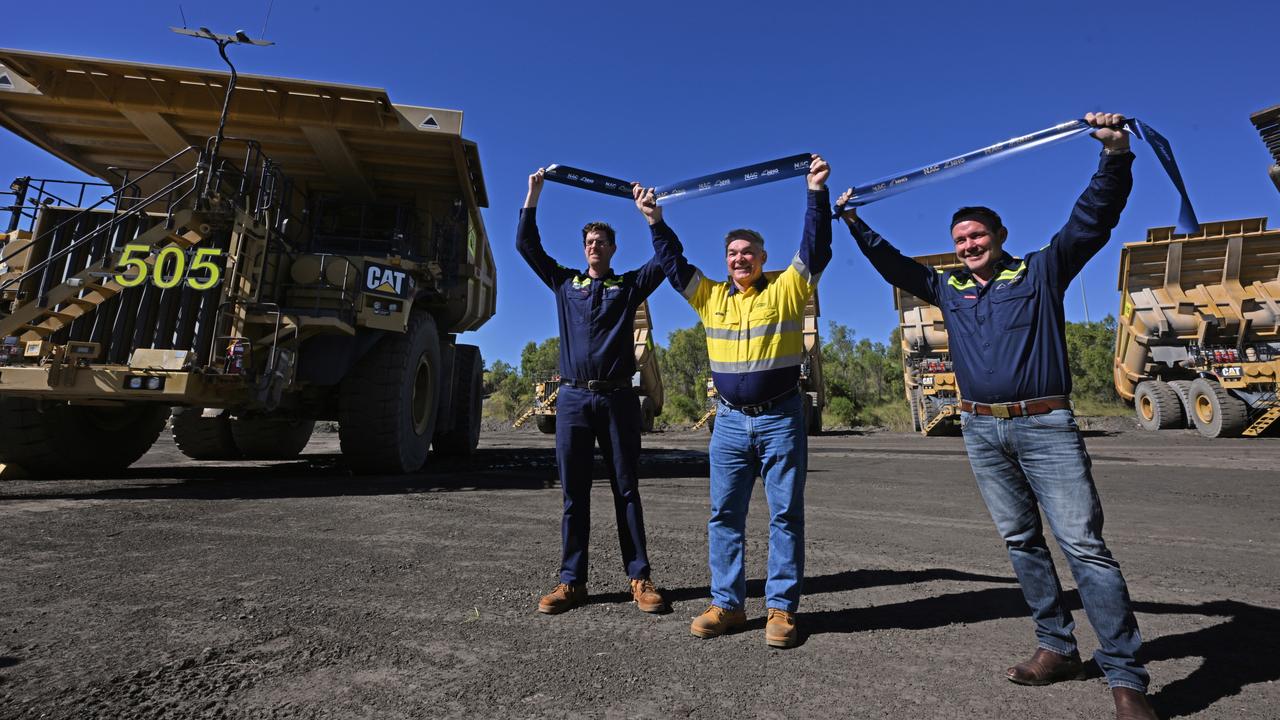 03/05/2023: Cutting the opening ribbon, L-R New Acland Mine General Manager Dave O’Dwyer, Queensland Minister for Resources, Scott Stewart and New Hope Group CEO Rob Bishop, at the official opening of the New Acland Mine, Stage 3. Pic Lyndon Mechielsen