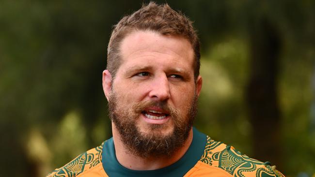 MELBOURNE, AUSTRALIA - JULY 12: James Slipper of the Wallabies speaks to media during a Wallabies media opportunity at Birrarung Marr on July 12, 2024 in Melbourne, Australia. (Photo by Morgan Hancock/Getty Images)