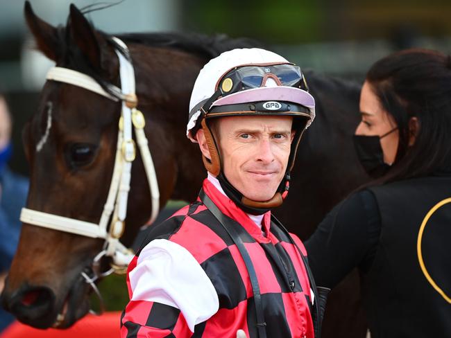 MELBOURNE, AUSTRALIA - AUGUST 21: Daniel Moor after riding He's Xceptional to win race 6, the Mcmahon's Dairy Mckenzie Stakes, during Melbourne Racing at Moonee Valley Racecourse on August 21, 2021 in Melbourne, Australia. (Photo by Vince Caligiuri/Getty Images)