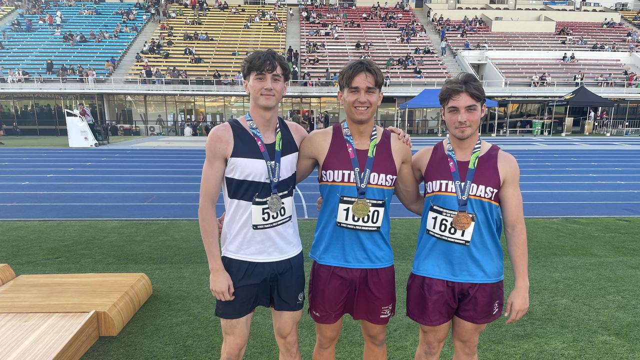 The senior boys let rip in the 100m final - Jay Sammut, far right, Jack Neumann and Liam Deavin, far left.