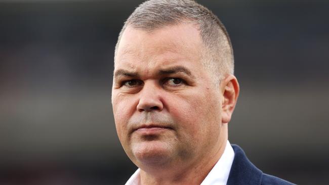 Sea Eagles coach Anthony Seibold looks on as he is interviewed pre-game during the round eight NRL match between Wests Tigers and Manly Sea Eagles at Campbelltown Stadium on April 23, 2023 in Sydney, Australia. (Photo by Mark Kolbe/Getty Images)