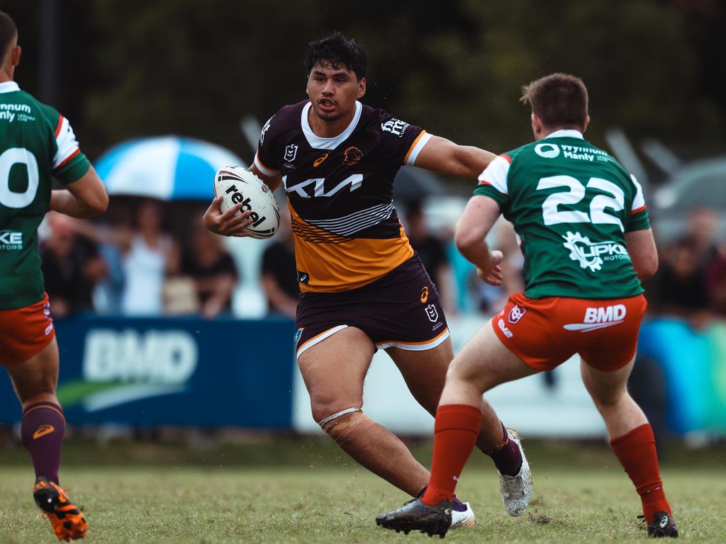 Brisbane Broncos prop Ben Te Kura has made strides in his development, including during a trial match against Wynnum-Manly. Picture: Zak Simmonds