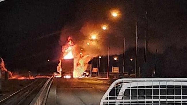 A truck caught on fire near Burdekin Bridge, closing the Bruce Highway on Thursday morning. Picture: Supplied.