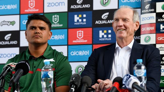 Latrell Mitchell (left) and South Sydney Rabbitohs head coach Wayne Bennett are seen during a press conference at Redfern Oval in Sydney, Monday, January 13, 2020. Latrell Mitchell has signed a one-year deal with South Sydney Rabbitohs. (AAP Image/Bianca De Marchi) NO ARCHIVING