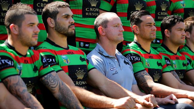 South Sydney's coach Michael Maguire and his team during a South Sydney Rabbitohs media session and team photograph at Redfern Oval. Picture Gregg Porteous