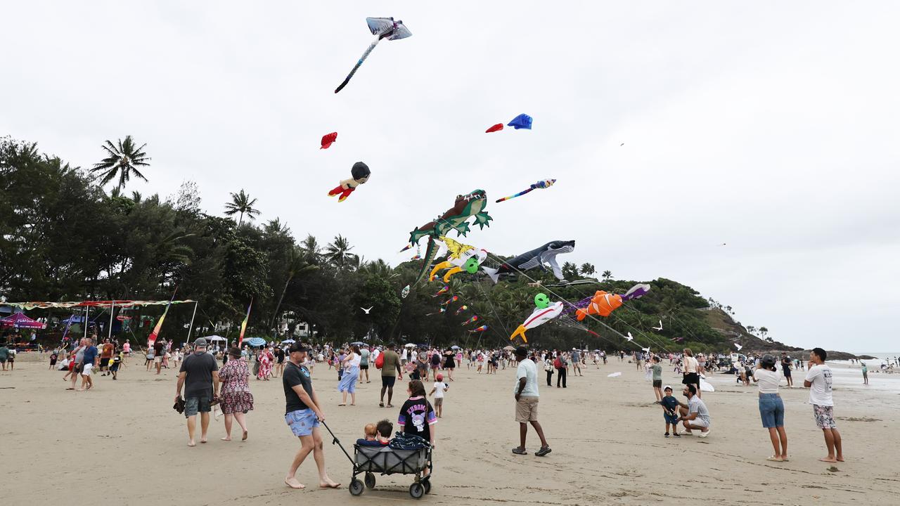 A multitude of large kites from Kites Queensland fly above Four Mile Beach at Port Douglas Carnivale's family beach day on Saturday. Picture: Brendan Radke