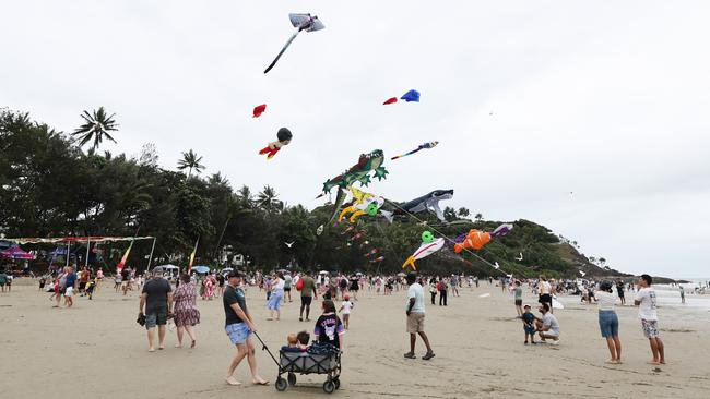 A multitude of large kites from Kites Queensland fly above Four Mile Beach at Port Douglas Carnivale's family beach day on Saturday. Picture: Brendan Radke