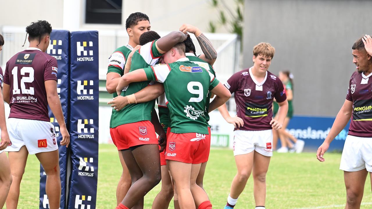 Wynnum Manly players celebrate a try Connell Cup rugby league between Wynnum Manly and Burleigh Bears. Saturday February 24, 2024. Picture, John Gass