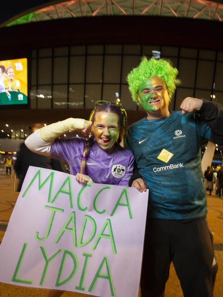 Alicia Bailey 13 and Louis Gregg 19 at the Matildas game Picture: Brett Hartwig