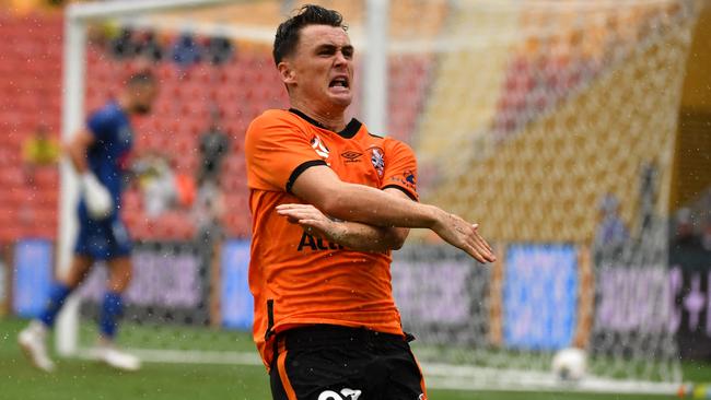 Brisbane’s Dylan Wenzel-Halls celebrates scoring against Wellington Phoenix at Suncorp Stadium on Saturday. Picture: AAP