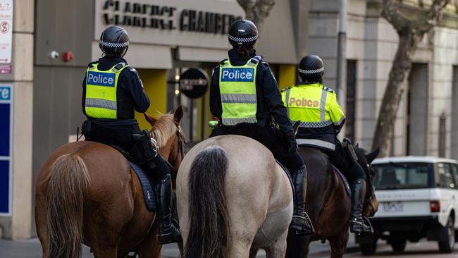 Victoria police were filmed deploying what seemed to be capsicum spray on counter-protesters clad in black. Picture: NewsWire / Diego Fedele