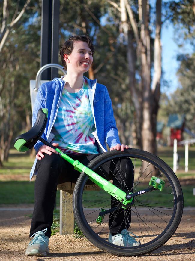 Stephanie Schultz, from Alstonville, is hoping the unicycle puts smiles on people’s faces (Credit: Lawrence Monro)